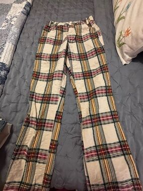 Free People Cream Plaid Wide-Leg Pants with Pink & Mustard Stripes